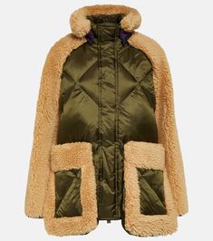 Find Sacai Shearling-trimmed Quilted Jacket on Editorialist. Material: 100% polyamide. Care instructions: dry clean. Made in China. Designer color name: Khaki×Beige. Lining: 100% polyamide. Filling: 100% polyester. Material II: 100% wool. Closure: zipper, snap-button fastenings. Pockets: patch pockets. Trim: 55% acrylic, 45% polyester. Le Catch, Cool Coats, Coat Outfits, Office Style, Office Fashion, Green Jacket, Style Elegant