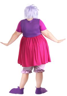 an older woman in purple and pink is standing with her arms spread out to the side