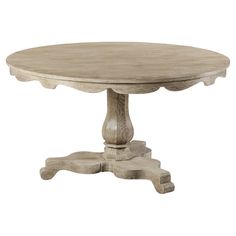 a round wooden table with four legs and an oval top, on a white background