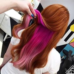 Pink Peekaboo Hair, Hidden Rainbow Hair, Carmel Hair Color, Peekaboo Hair Colors, Hair Color Underneath, Peekaboo Hair, Hair Color Burgundy, Hair Color Purple, Hair Color Highlights