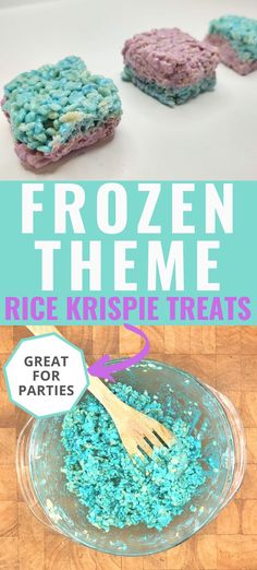 frozen rice krispy treats in a glass bowl with a wooden spoon on the side