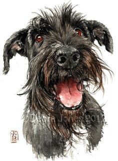 a watercolor drawing of a dog with its mouth open and it's tongue out