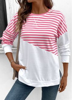 Color:Pink;Size:S;Size:M;Size:L;Size:XL;Size:XXL;Package Contents:1 X T Shirt;Occasion:Other;Style:Casual; Elegant Dresses Plus Size, Pink Patchwork, Gingerbread Crafts, Swimwear Suits, Brown Outfit, Round Neck Sweatshirts, Pink Long Sleeve, Long Sleeve Sweatshirt, Plaid Tops