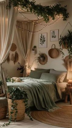 a bedroom decorated with plants and wicker baskets on the floor, along with hanging lights