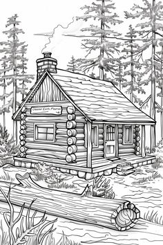 a drawing of a log cabin in the woods