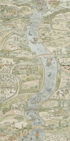 a drawing of a river with lots of trees and animals on it's sides