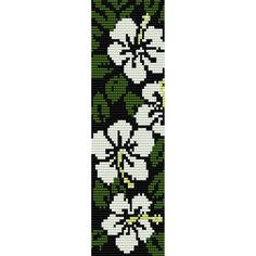 a cross stitch bookmark with white flowers and green leaves on black background, in the shape of a rectangle