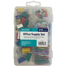 the office supply set is packed with clips and pins