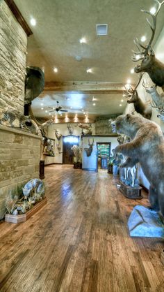 there are stuffed animals on display in the room with wood flooring and stone fireplace