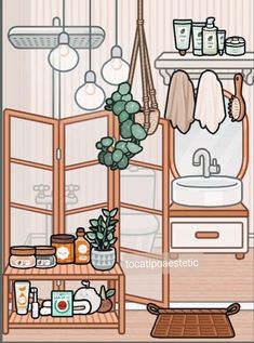 an illustration of a bathroom with plants and toiletries