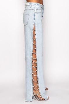 The akira label covered in diamonds relaxed jeans are made from a washed denim fabrication and feature a high rise waist, belt loops, a classic five-pocket design, relaxed pant legs, long, sexy side slits with rhinestone gem link detailing, fringe hems, and a button and zipper closure.  - 99% cotton 1% spandex- minimal stretch(all measurements approximate from size 3)- 31.5” inseam- 10.5” rise- 33” side slits- model height is 5'7"- model height is 5'8.5"- importedproduct id: Edgy Straight Leg Cropped Jeans, Edgy Mid-rise Jeans With Belt Loops, Edgy Light Wash Mid-rise Bottoms, Edgy High Rise Medium Wash Flare Jeans, Edgy Mid-rise Denim Flare Jeans, Edgy High Rise Flare Jeans In Medium Wash, Trendy Bottoms In Rigid Denim With Standard Cut Leg, High-rise Cropped Jeans With Belt Loops, Edgy Light Wash Denim Jeans