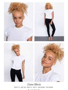 four photos of a woman with curly hair and white shirt, all in different poses