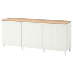 a white cabinet with wooden top and two legs on the bottom, in front of a white background