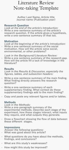 the literature review note taking template is shown in this screenshoter's view