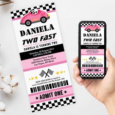 a person holding up a smart phone next to a ticket for a race car birthday party