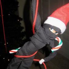 a doll dressed up as a santa hat and holding onto a red ribbon while standing in front of a christmas tree