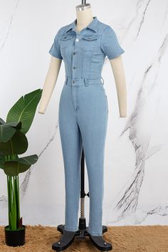 Light Blue Casual Solid Patchwork Turndown Collar Short Sleeve Skinny Denim Jumpsuits Denim Jumpsuits, Valentines Lingerie, Vintage Summer Dresses, Short Denim Skirt, Printed Summer Dresses, Lace Dress Long, Plus Size Jumpsuit, Playsuit Romper, Long Sleeve Lace Dress