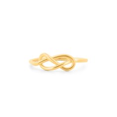 a gold ring with an intertwined knot on the front and side, against a white background