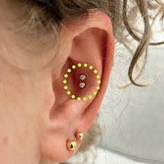 an ear with three different colored dots on it