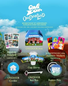 an advertisement for one door land with pictures and other items on the front, as well as