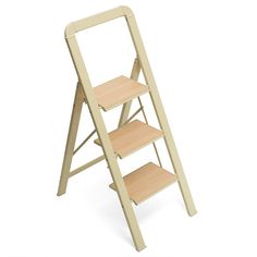 a wooden step stool with two shelves on the bottom and one shelf below it, against a white background