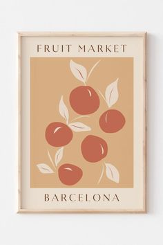 the fruit market barcelona poster is hanging on the wall in front of a white wall