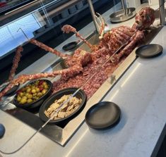 an assortment of meats on display in a buffet