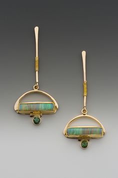 Australian boulder opal and green tourmaline, 22k & 14k gold by Cynthia Downs Bijoux Art Deco, Handmade Gold Jewellery, Australian Boulder Opal, Neck Piece, Deco Jewelry, Handmade Gold, Art Deco Jewelry, Green Tourmaline, Boulder Opal