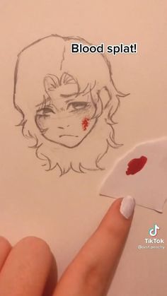 someone has drawn an evil girl with blood on her face and the caption reads, blood splat