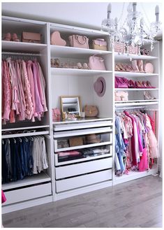 the closet is filled with many different types of clothes and accessories, including pink shoes