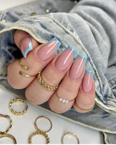 Light Blue And Pink French Tip Nails, Sky Blue Tips Nails, Pink And Sky Blue Nails, Sky Blue French Tip, Blue Nails Ballerina, Ballerina Nails Summer, French Tips Colour, French Tip Colours, Blue Frenchies Nails