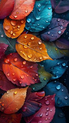 colorful leaves with water droplets on them