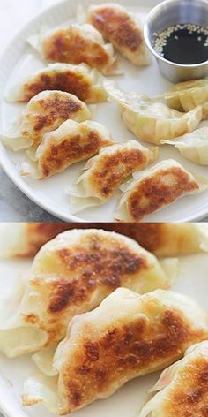 two pictures of dumplings on a plate with dipping sauce