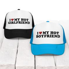 DESIGN "I love my HOT girlfriend, I love my HOT boyfriend" funny embroidered matching foam trucker hats, dad hats, caps and beanies. If you'd rather a different custom hat, be sure to check out our large selection of hat styles and colors available! 👉 The lettering will be black if you select a white hat or a hat with a white front. All others will have white lettering -unless otherwise requested in the order notes. DELIVERY TIMES / INFORMATION It takes 2-5 days to produce and fulfill hat order Boyfriend Funny, Matching Hats, Tie Dye Hat, Hat Styles, Trendy Hat, 1st Anniversary Gifts, Boyfriend Humor, Love Hat, Denim Hat