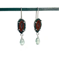 "Unique baby geode agates, hand set in a sterling silver prong setting. Great dark red center color, within a black/dark gray outside. Faceted sea mist chalcedony stones dance at the bottom.  Earrings are all handmade, and set by me in a sterling silver prong setting.   Size of earrings: 2\" length from top of wire to bottom of small stone. Geode is 3/8\"w x 3/4\"h Earrings are very light weight. Each stone is unique in size and shape. The indentations on the stone are natural.  These are one-of-a-kind. All jewelry comes packaged and ready to give as a gift or to yourself.   Thanks for stopping by my shop!" Chalcedony Drop Earrings With Natural Stones, Chalcedony Natural Stone Drop Earrings, Unique Agate Teardrop Earrings, Geode Earrings, Chalcedony Stone, Unique Baby, Baby Sets, Dark Black, Dark Red