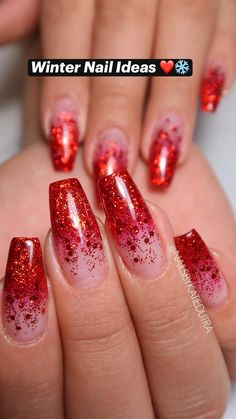 Red Ombre Sparkle Nails, Red French Fade Nails, Red Glitter Tips Acrylic Nails, Nails For Holidays Seasons, Christmas Ombre Nails Acrylic, Red Nails Ideas For Wedding, Christmas Ambre Nails Ombre, Ombre Red Glitter Nails, Sparkle Red Christmas Nails