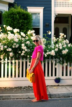 Spring 2012 Trends:  Maxi skirts & bright neon colors from Sterling Style Mode Rose, Look Rose, Orange Chiffon, Color Blocking Outfits, Colour Blocking, Floor Length Skirt, Mode Inspo, Look Fashion, Color Combos