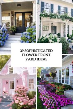 the front and side of a house with flowers growing on it's sides, in different