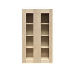 an open bookcase with two doors and shelves on each side, in light wood