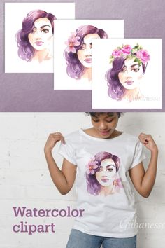 watercolor girl portraits png clipart Human Painting, Woman With Flowers, Png Illustration, Flowers In Her Hair, Spring Theme