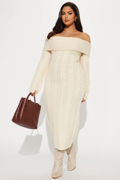 Available In Ivory. Cable Knit Midi Dress Off the shoulder Long sleeve Slight stretch 100% Acrylic Imported | Obsession Cable Knit Sweater Midi Dress in Ivory size Large by Fashion Nova White Off-shoulder Dress For Fall, White Off-shoulder Winter Dress, Chic Cream Sweater Dress, Sweater Midi Dress, Off The Shoulder Long Sleeve, Sweater Dress Midi, Knit Midi, Knit Midi Dress, Cable Knit Sweater