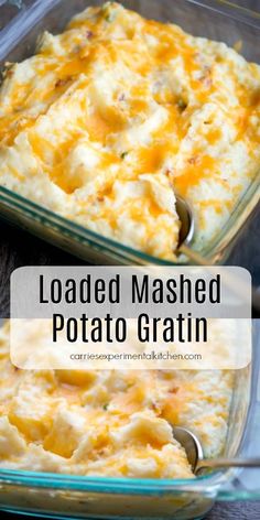 loaded mashed potato gratin in a glass casserole dish with text overlay