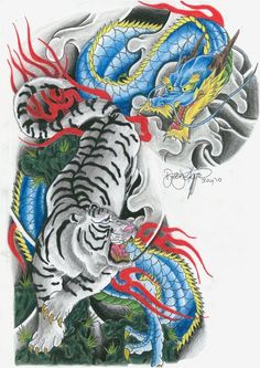 two dragon and tiger tattoo designs on white paper