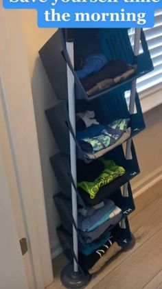 a rack that has some clothes on it and the words save your shoes time in the morning