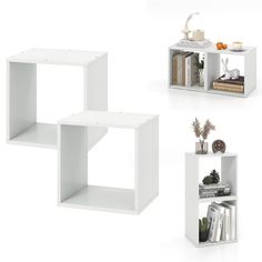 three white shelves with books, plants and other items on them in different positions against a white background