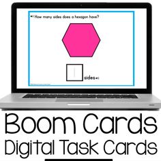 a laptop computer with the text boom cards digital task cards on it and an image of a pink hexagon