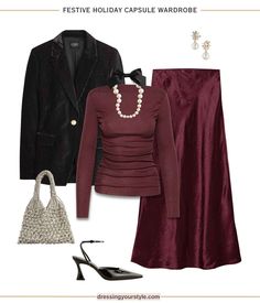 Burgundy and black holiday party outfit with satin skirt, light knit top, metallic black blazer. Modest outfit. Over 40 outfit. Curated on LTK Festival Shoes, Modest Outfit