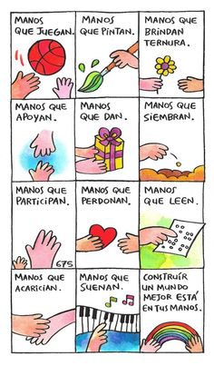 a comic strip with different types of hand gestures and words on the page, in spanish