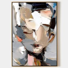 an abstract painting of a man's face in grey, white and orange colors