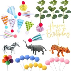 an assortment of birthday decorations including balloons, hats and animals